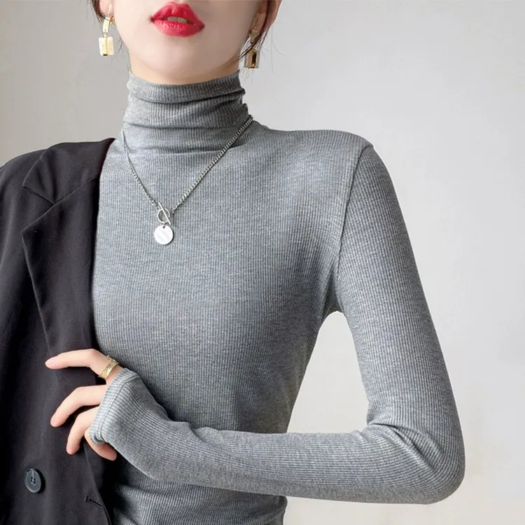 灰色高领打底衫女秋冬内搭修身黑色长袖T恤螺纹时尚上衣2025新款