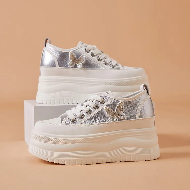 潮路行牛皮内增高小个子时尚百搭外穿薄款厚底松糕鞋高跟小白鞋