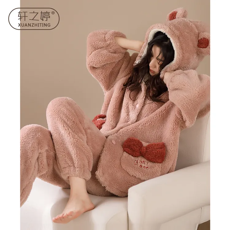 珊瑚绒睡衣女秋冬款加厚加绒可爱冬天可外穿法兰绒冬季家居服套装