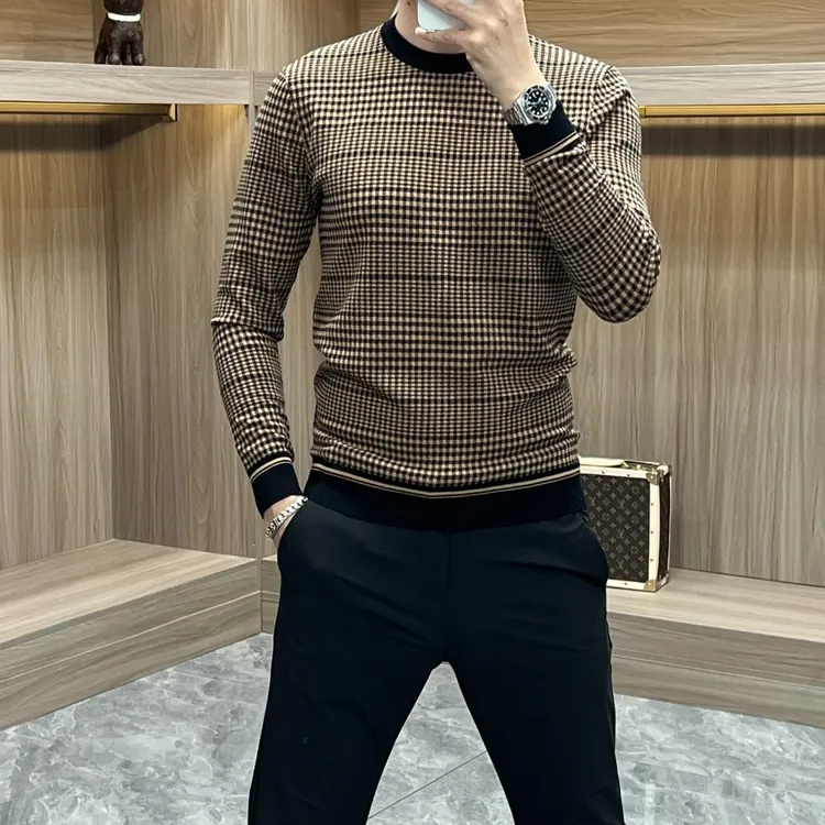 MALEASY男士长袖套头针织衫圆领格子休闲毛衣韩版潮复古百搭毛衣