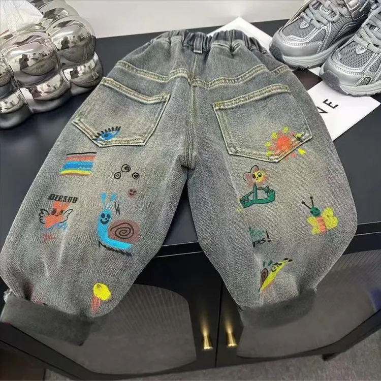 男女童2025冬季加绒新款百搭宽松中小童时尚一体绒潮流牛仔裤韩版