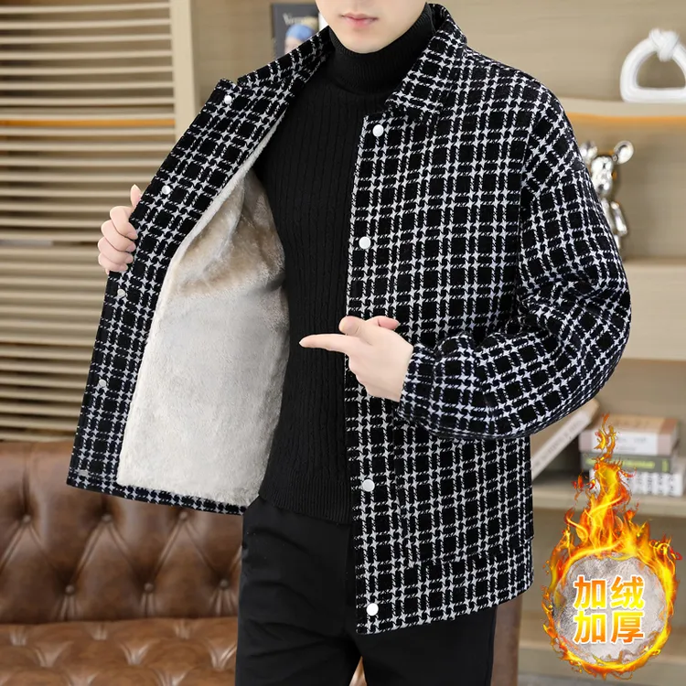 毛呢外套男秋冬季加绒加厚休闲翻领夹克保暖格子百搭潮流品质男装