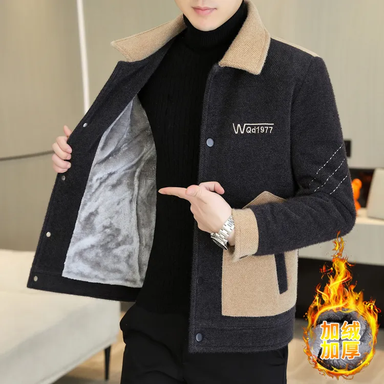 毛呢外套男秋冬季加绒加厚休闲翻领夹克保暖时尚百搭潮流品质男装