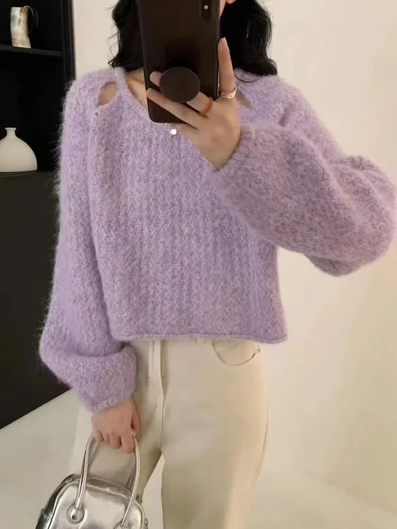 紫色软糯镂空针织毛衣女装2025新款深秋初冬穿搭慵懒风高级感上衣