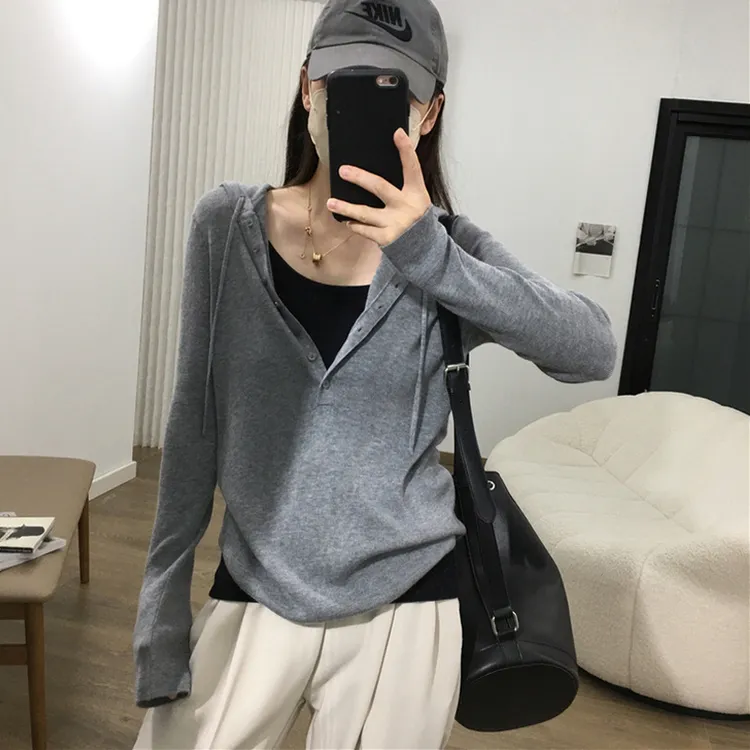 羊毛衫女百搭长袖显瘦上衣时尚宽松连帽打底衫休闲针织衫韩版毛衣