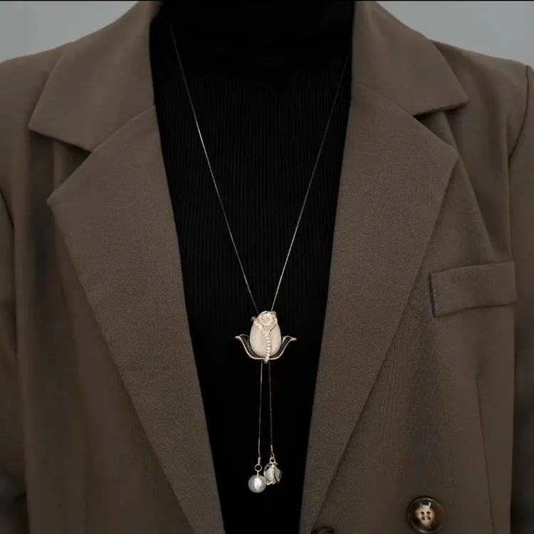 秋冬新款郁金香项链可调节长款流苏气质女士毛衣链