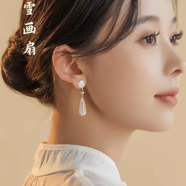 钛钢耳饰 国风不掉色扇形耳环新中式超仙流苏水滴耳坠小众高级感