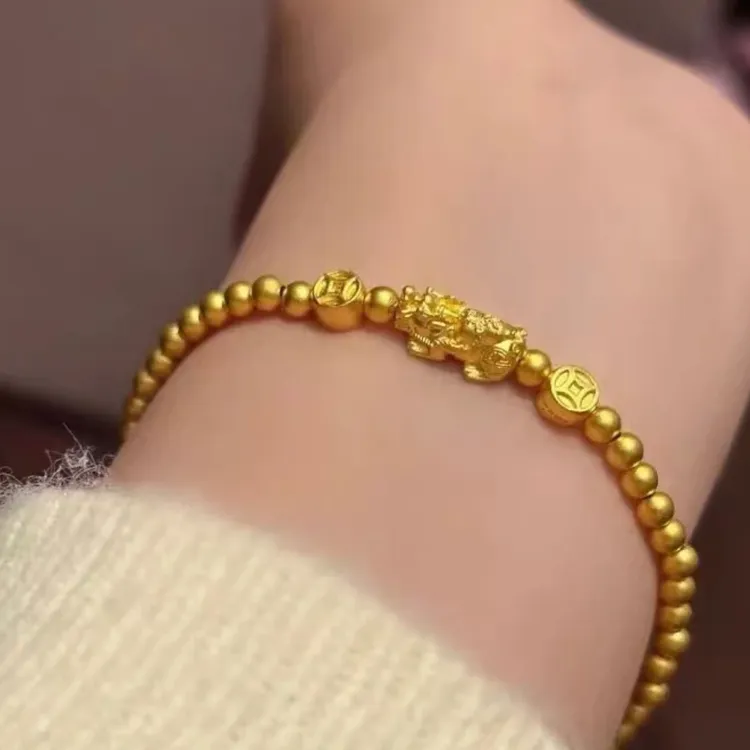 设计师款古法时尚铜钱貔貅手链气质百搭金色珠珠手串