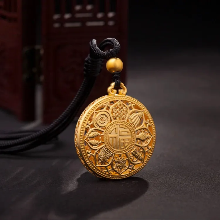 铜合金项链 国风双面雕刻八宝罗盘福牌吊坠镂空莲花项链男女同款