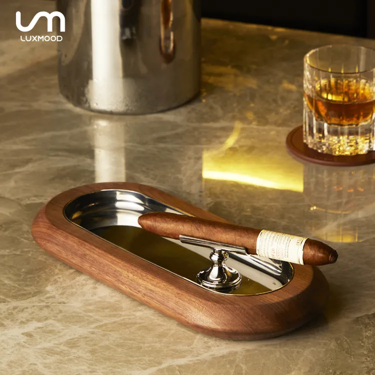 LUXMOOD勒慕轻奢高级不锈钢胡桃木雪茄烟灰缸茶室书房客厅