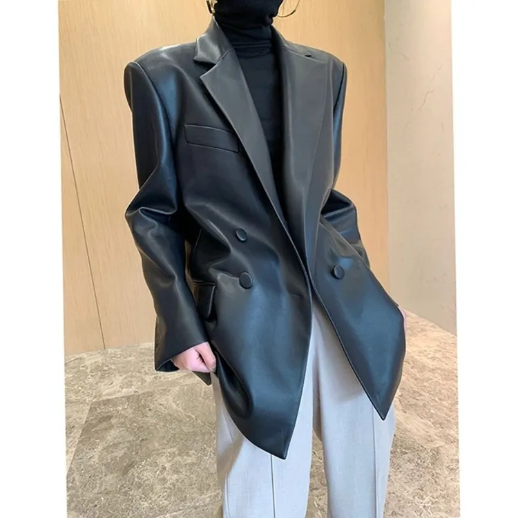 复古港味小西装外套女2024春秋黑色韩版高级感pu皮衣西服廓形外套