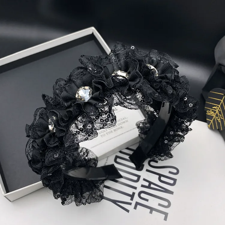 黑色公主风蕾丝镶钻发卡发箍女2025新款高颅顶显脸小压发洗脸头箍