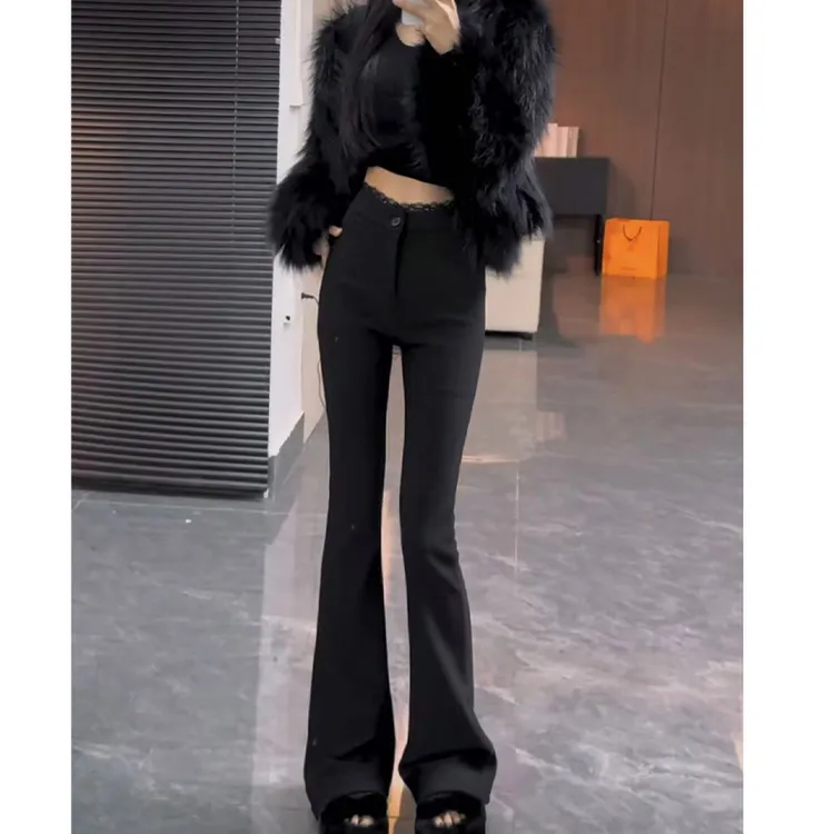 加绒微喇裤女2024秋冬新款高腰显瘦弹力马蹄裤加厚拖地西装喇叭裤