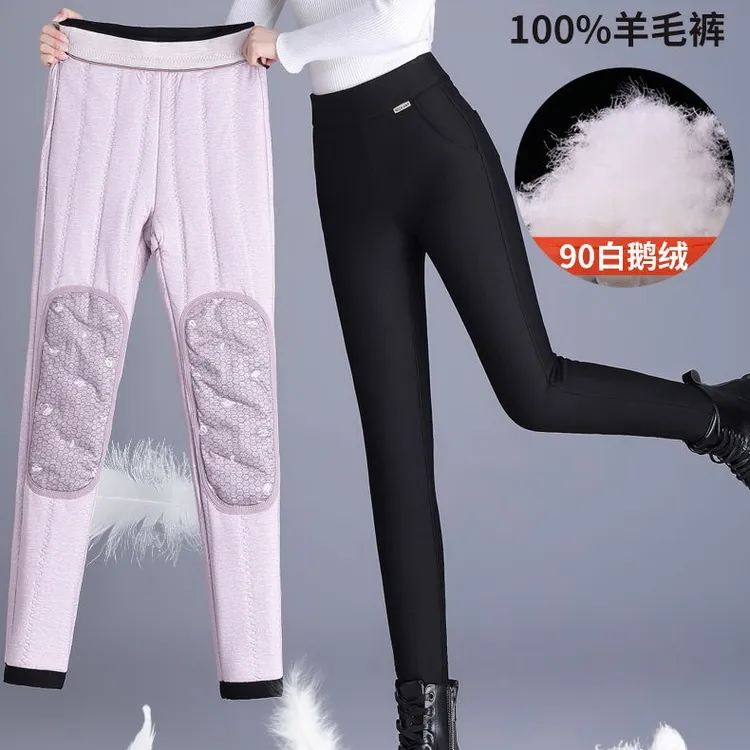 鹅绒护膝羽绒裤女冬季外穿2025新款打底高腰显瘦羊毛裤大码弹力