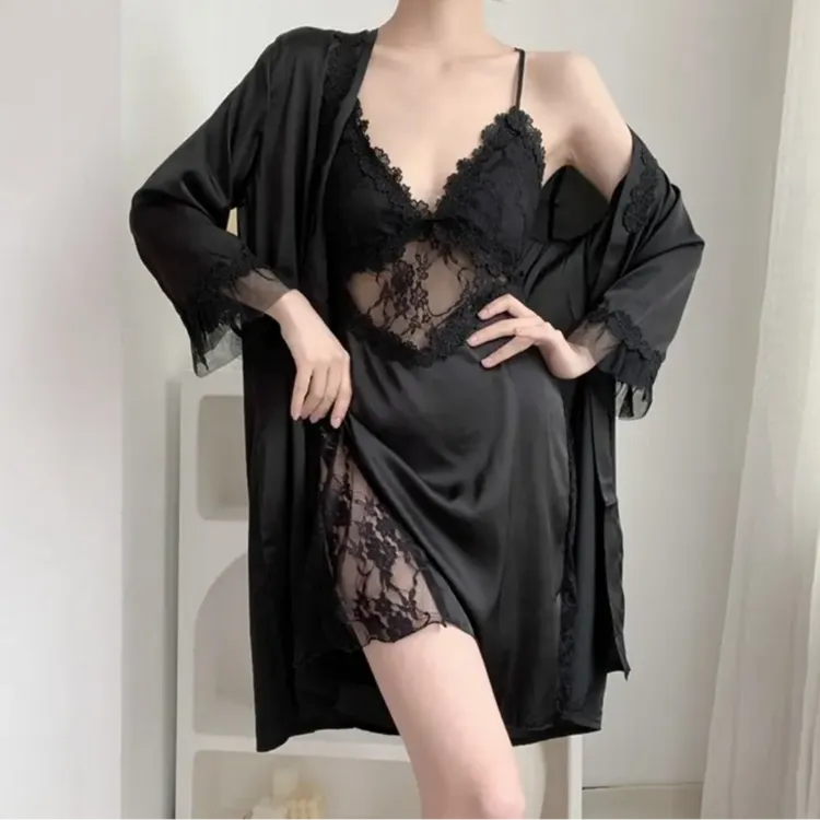 无品牌冰丝睡裙性感交叉美背情调蕾丝吊带睡裙家居服睡裙睡袍纯欲