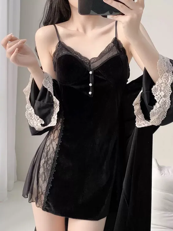 秋冬千金性感露背网红金丝绒显瘦家居服性感水溶蕾丝纯欲甜美纯欲