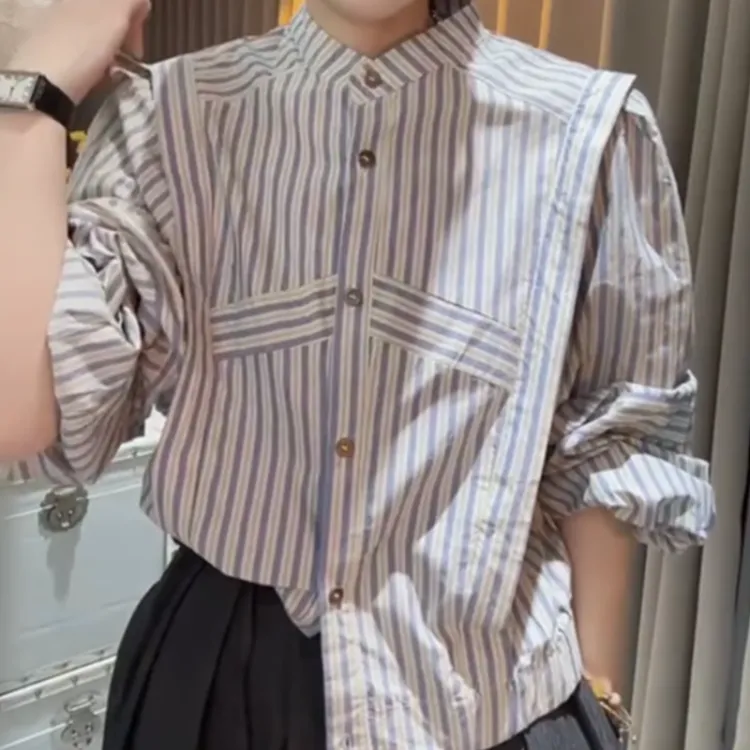 百搭韩系时尚洋气条纹长袖衬衫新款女装百搭简约大气打底衣服衬衫