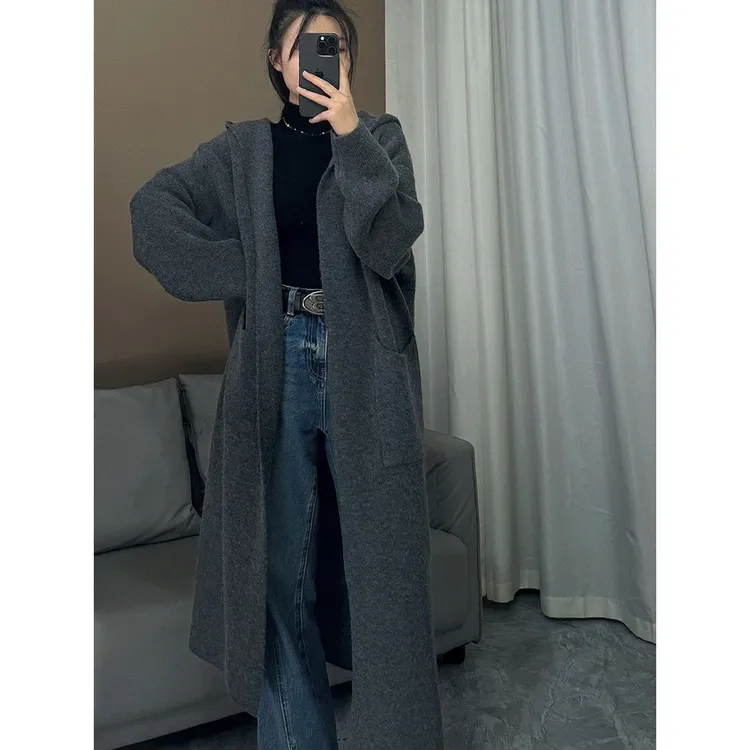 灰色连帽口袋针织开衫女秋冬季新款中长款毛衣外套宽松慵懒风大衣