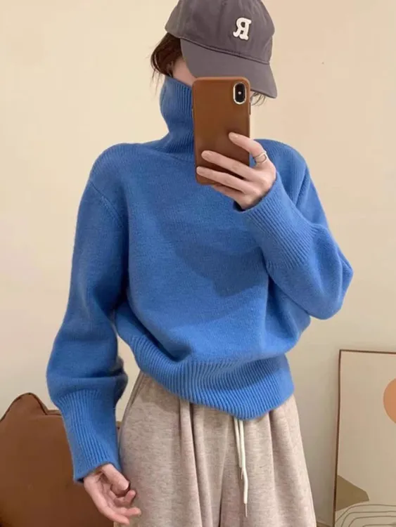 克莱因蓝高领毛衣女士秋冬季新款宽松百搭上衣长袖套头针织打底衫