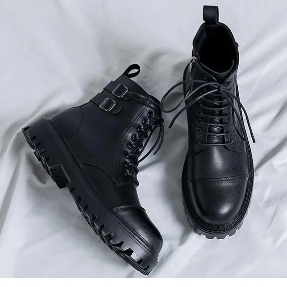 黑色马丁靴男士春季时尚英伦风短靴潮流高帮皮鞋侧拉链机车工装靴