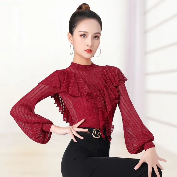 【女长袖韩国银竖网条】丹宝罗交谊舞三步踩跳舞舞蹈上衣单件长袖