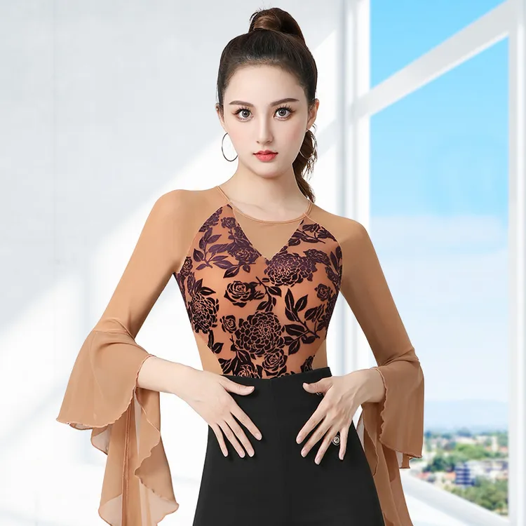 【烧花拼接网纱飘袖】丹宝罗华尔兹舞品牌黑色飘逸上衣高档肤色衣服