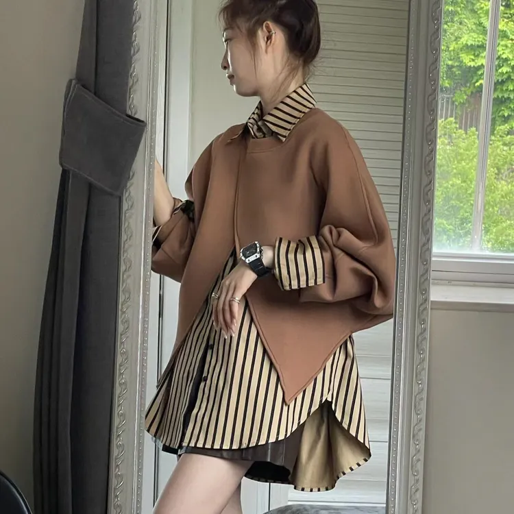 慵懒风穿搭两件套竖条纹衬衫女春秋2025新款叠穿小众设计卫衣披肩