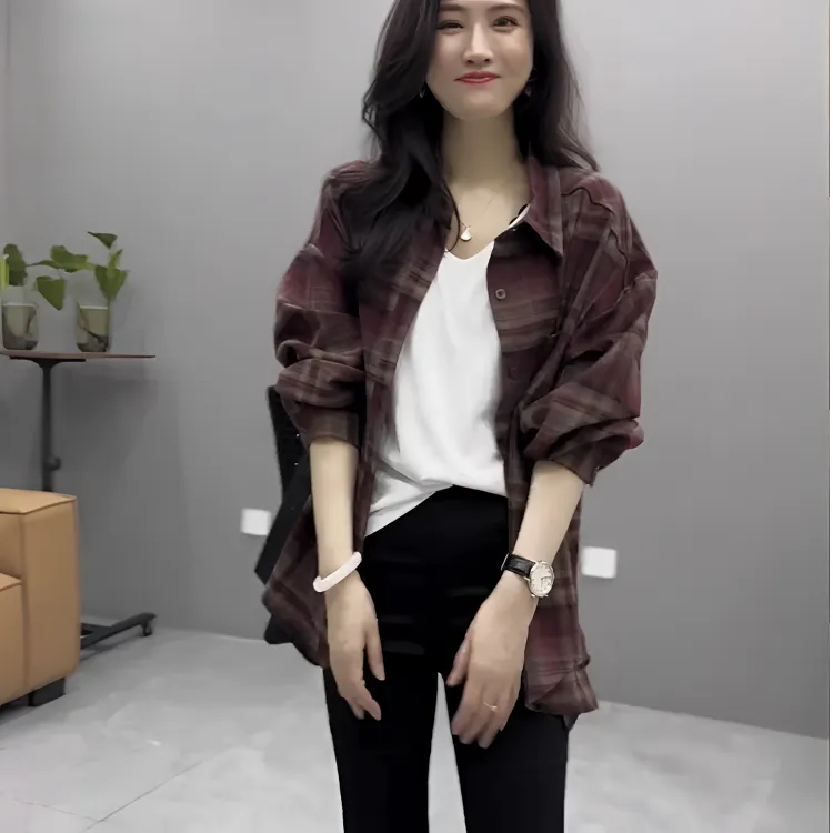 秋季爆款时尚宽松衬衫女2025新款欧货减龄洋气撞色显瘦格子外套