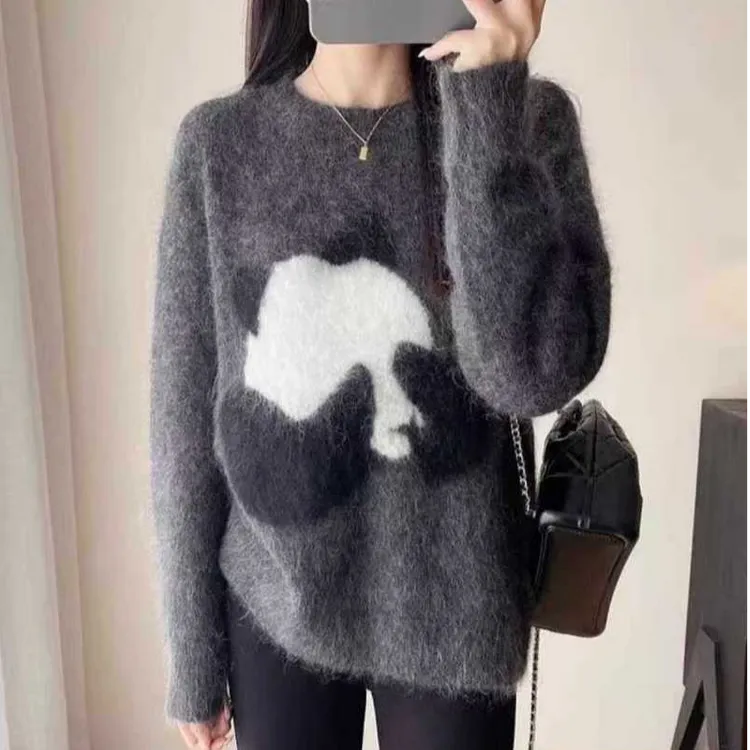 【大熊猫】秋冬季时尚新款休闲宽松圆领提花长袖针织衫秋冬女士毛衣