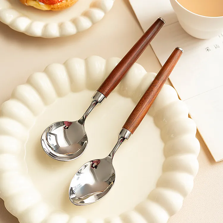 onlycook红贵宝木勺子高颜值木柄304不锈钢餐勺尖头圆头饭勺汤勺