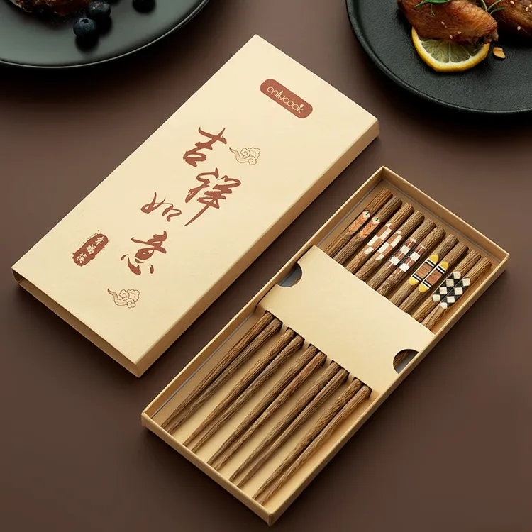 onlycook家用鸡翅木筷子5双套装 贴花日式好看原木一人一筷木筷