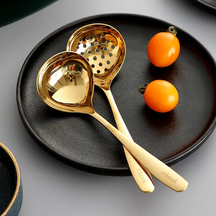 onlycook金色家用304不锈钢漏勺汤勺小号火锅勺子长柄捞勺火锅勺