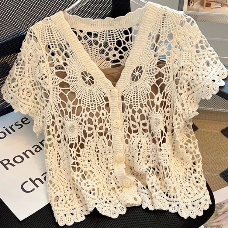 镂空勾花蕾丝短袖针织开衫女夏季洋气设计感别致V领披肩短款上衣