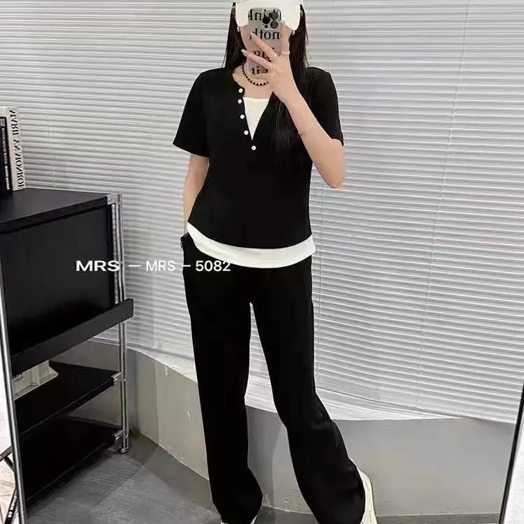 {99016}夏季新款时尚百搭显瘦短袖上衣长裤女士套装气质宽松