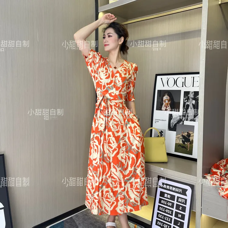 夏季短袖收腰修身轻熟风V领绑带法式碎花连衣裙A字气质长裙8819#