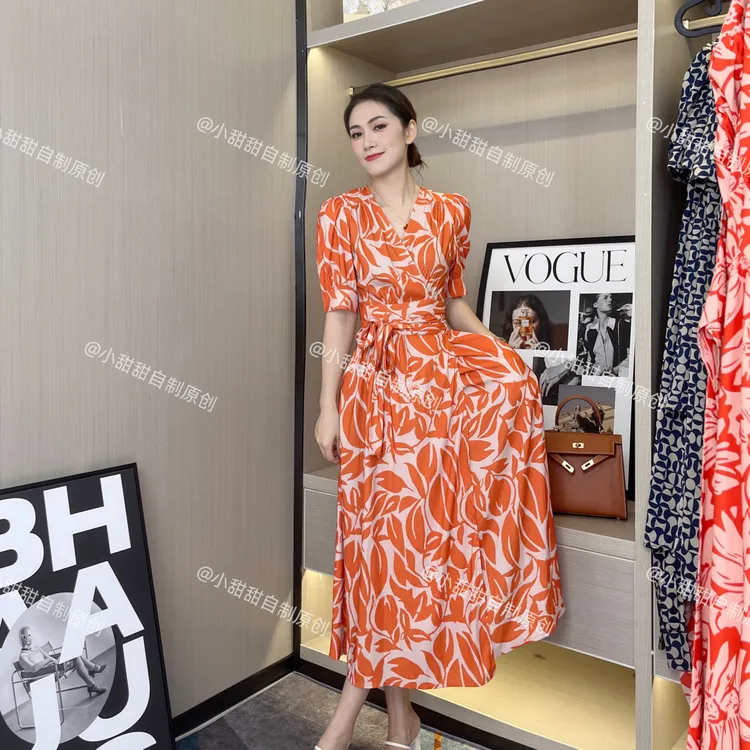 夏季短袖收腰修身轻熟风V领绑带法式碎花连衣裙A字气质长裙8807#