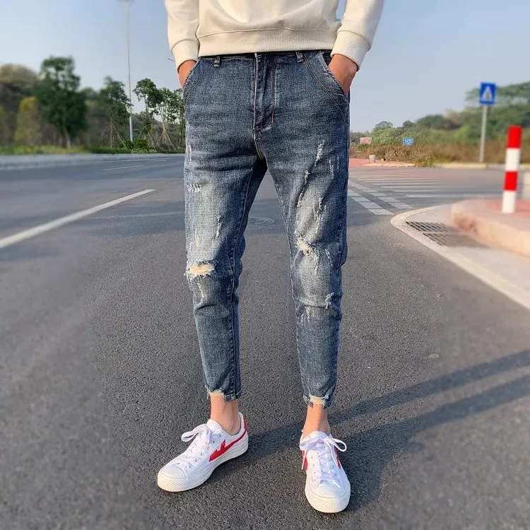 破洞牛仔裤男高端夏款潮流百搭弹力修身小脚蓝色复古乞丐九分裤子