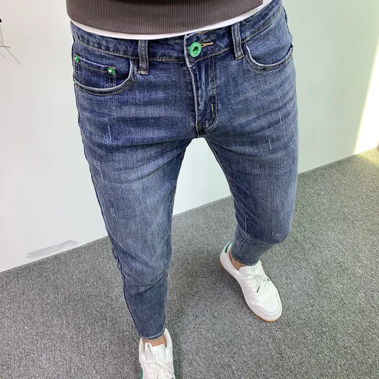 高端牛仔裤男九分裤秋冬潮牌韩版修身弹力水洗蓝色休闲潮男小脚裤