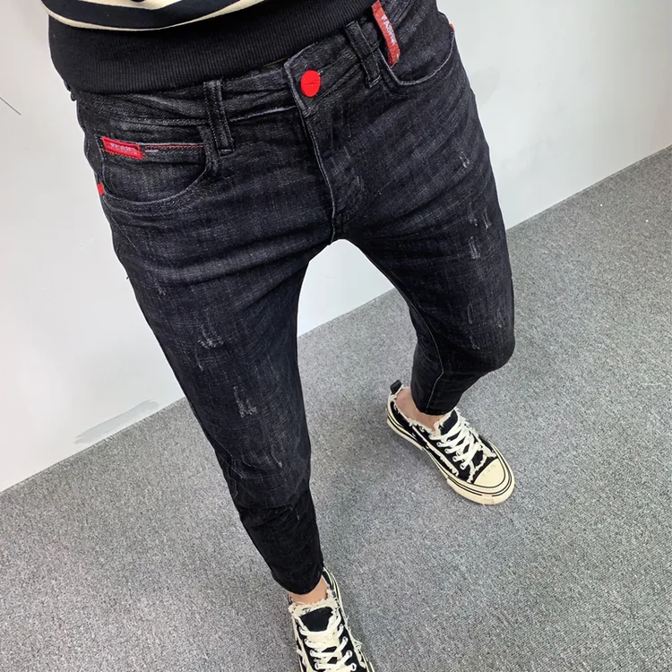 黑色牛仔裤男款秋季高端潮牌弹力修身小脚韩版休闲猫须百搭九分裤