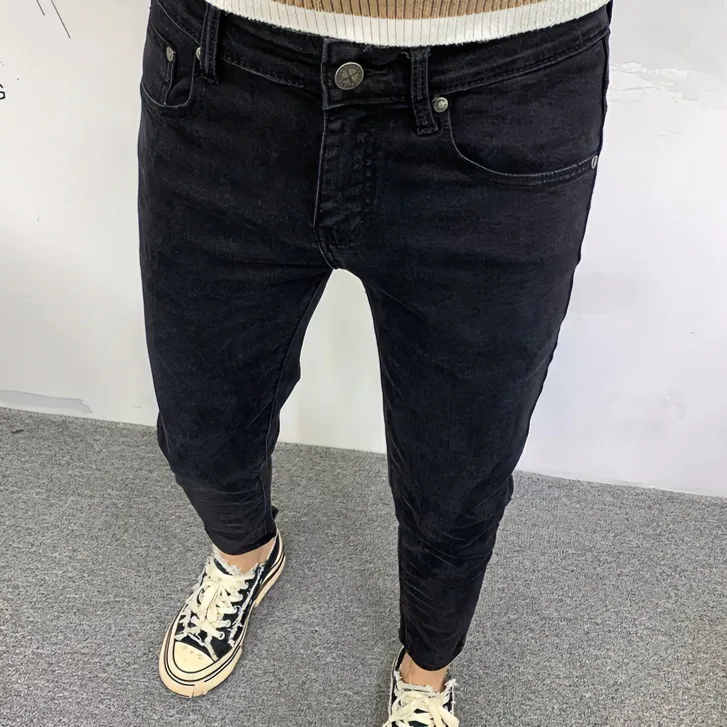 黑色牛仔长裤男潮牌潮流秋季韩版休闲弹力修身小脚潮流简约九分裤