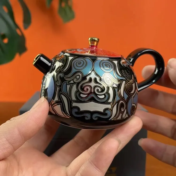  金银错茶壶饕餮壶功茶壶轻奢单壶功夫茶具陶瓷单壶家用泡茶壶