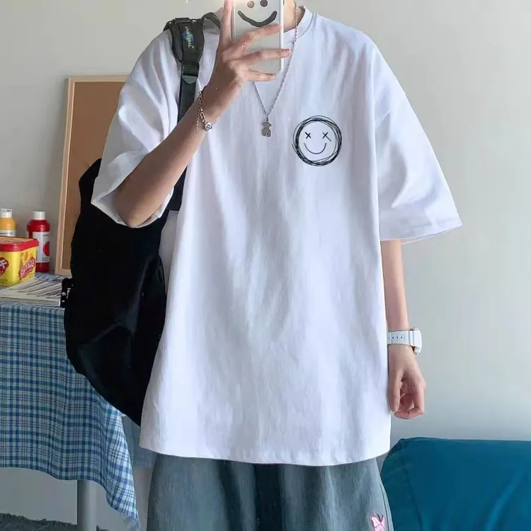 港风笑脸短袖男纯棉宽松重磅T恤ins潮牌百搭半袖学生简约圆领上衣