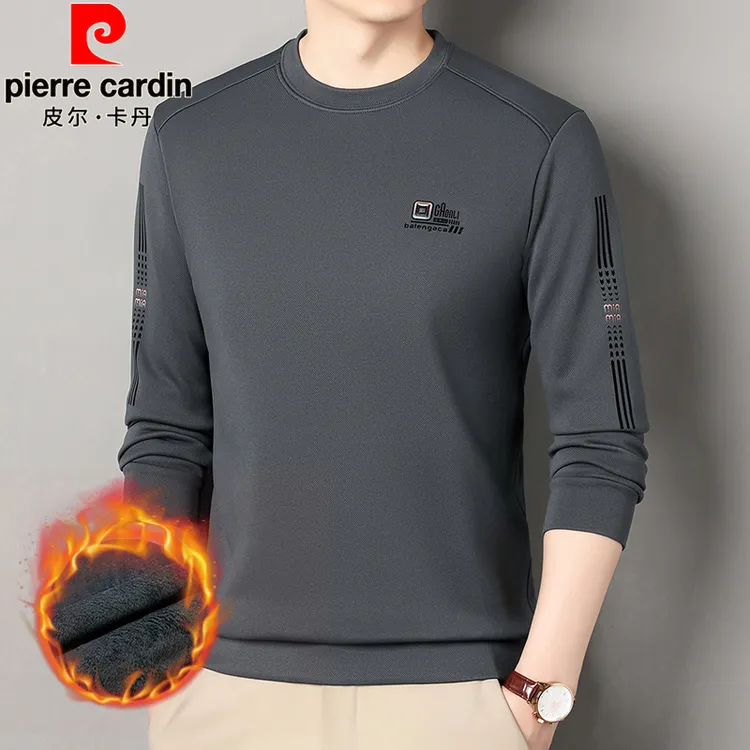 皮尔卡丹加绒加厚男士卫衣冬季新款时尚圆领长袖T恤保暖打底衫男
