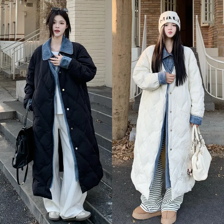 韩版外套秋冬季新款长款大衣大码女装显瘦气质假两件牛仔拼接棉服