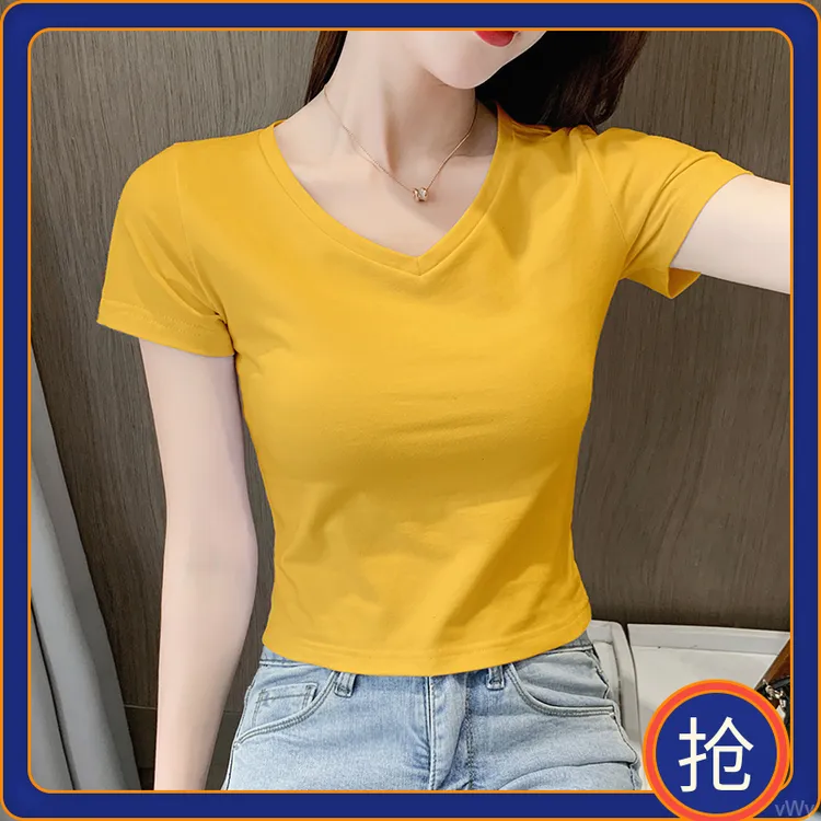黄色短袖t恤女短款夏紧身新款高腰设计感V领露脐上衣小个子体恤
