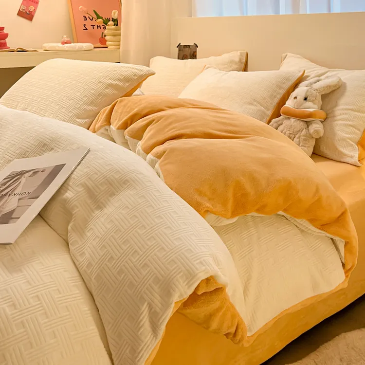 水星家纺适用简约纯色立体浮雕加厚牛奶绒四件套双面绒保暖床品4