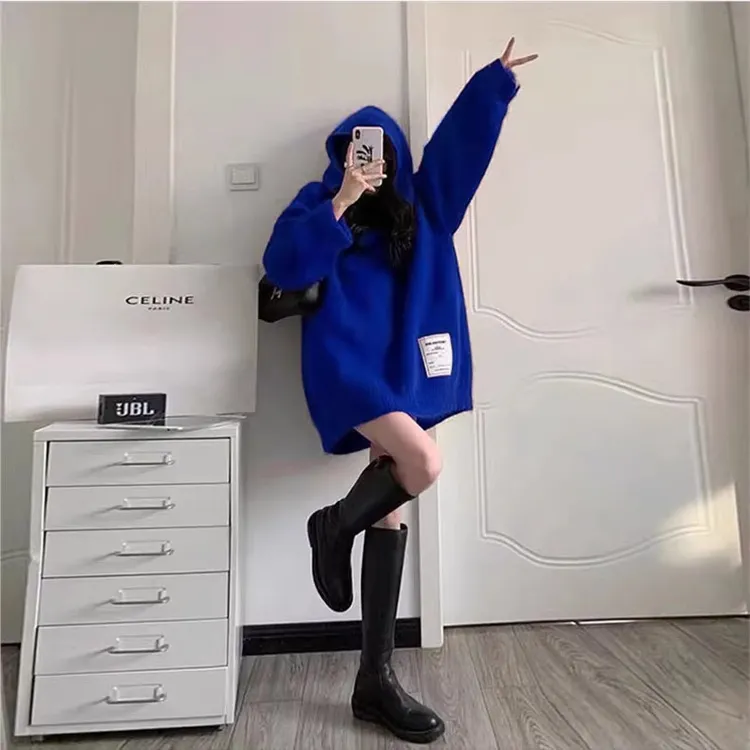 克莱因蓝色毛衣女秋冬新款秋装设计感小众慵懒风中长款针织衫上衣