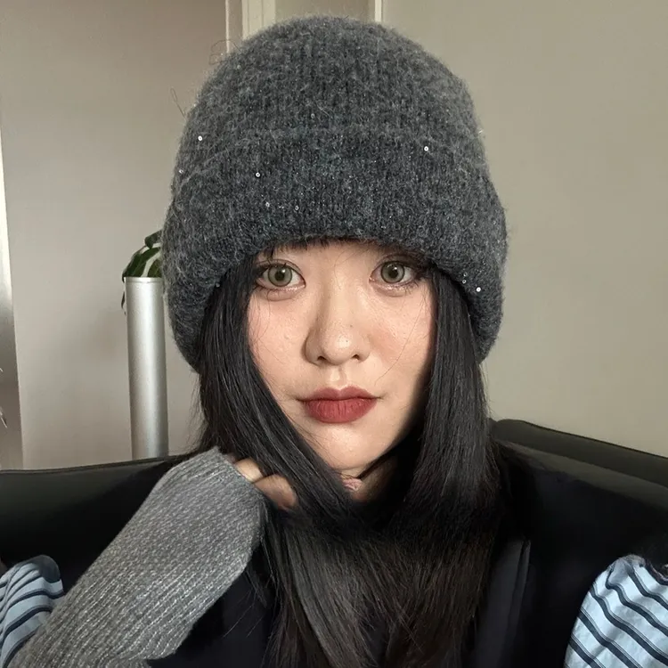 冬季加大头围绵羊毛混纺针织帽大头围堆堆帽双层保暖加厚（珠片款）