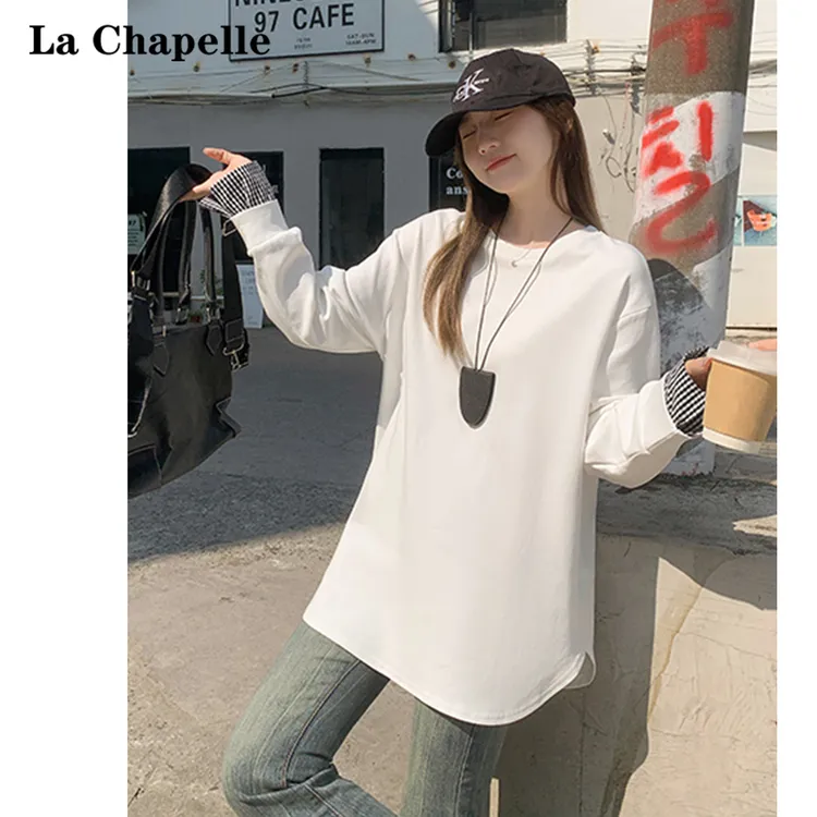 拉夏贝尔白色格纹拼接长袖T恤女秋冬2024新款宽松德绒加厚打底衫