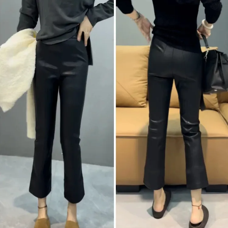 欧货高腰加绒微喇涂层皮裤2025秋冬新款胖妹显瘦百搭九分休闲裤子